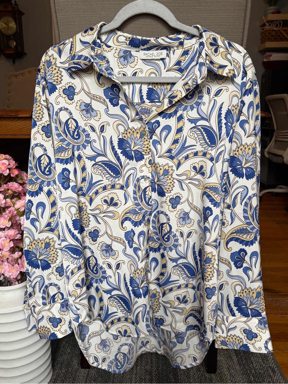 Rachel Zoe Paisley Button Down Blouse in White & Blue Size Small